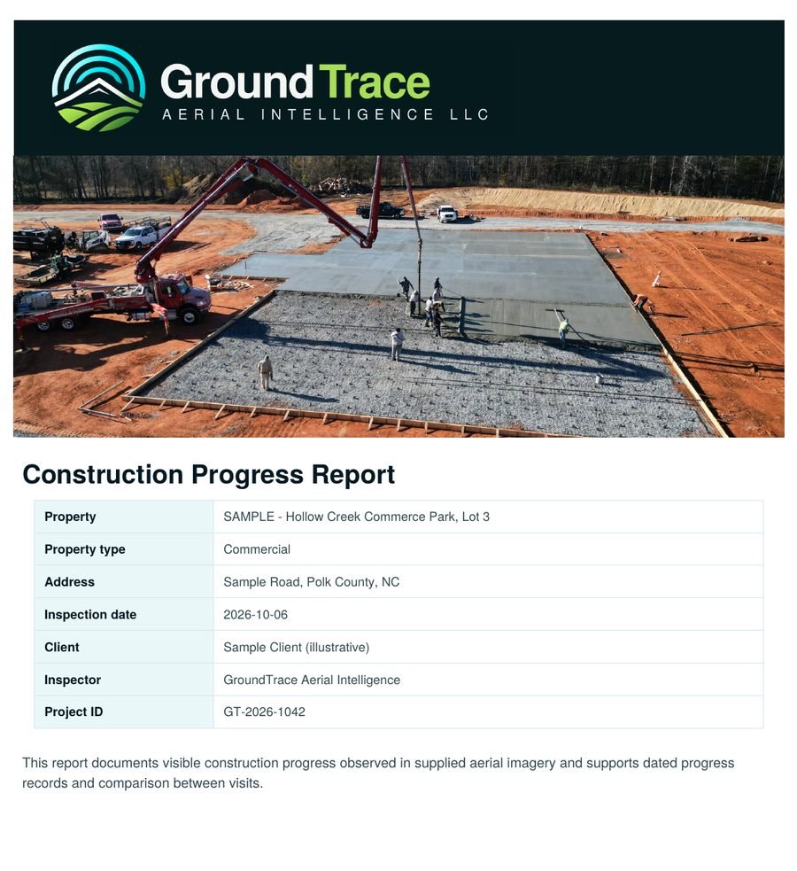 Sample report first page with the GroundTrace logo, an aerial photo and project details