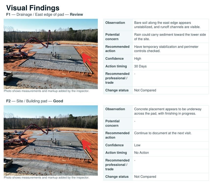 Sample report findings page with a marked-up aerial photo and a plain-English table